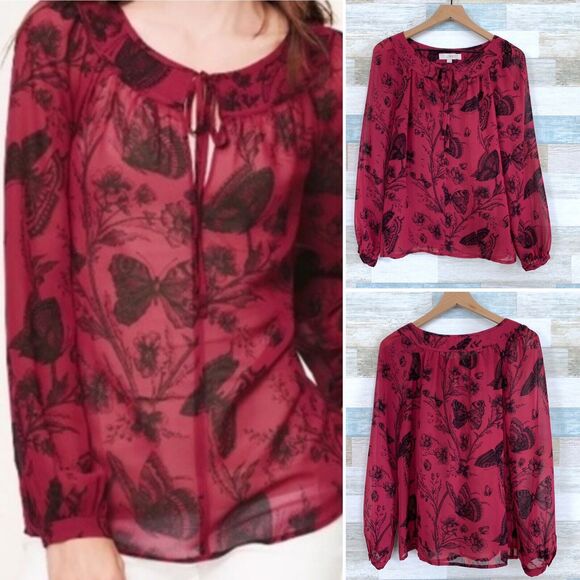 LOFT Floral Butterfly Peasant Blouse Pink Sheer Tie Neck Keyhole Womens Medium - Picture 1 of 10
